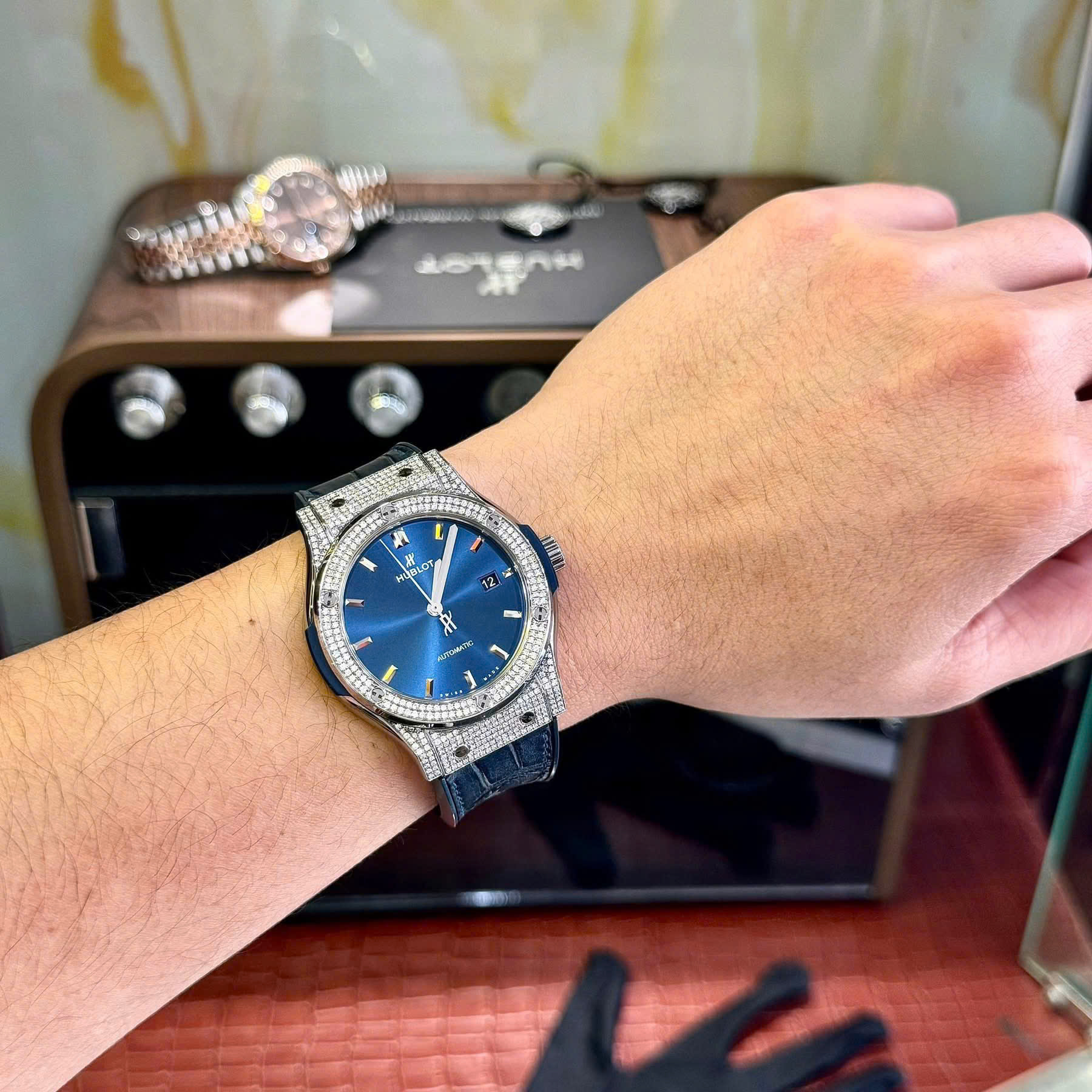 Hublot Classic Fusion Titanium Navy Pave Dây Da Cá Sấu - Ảnh 3