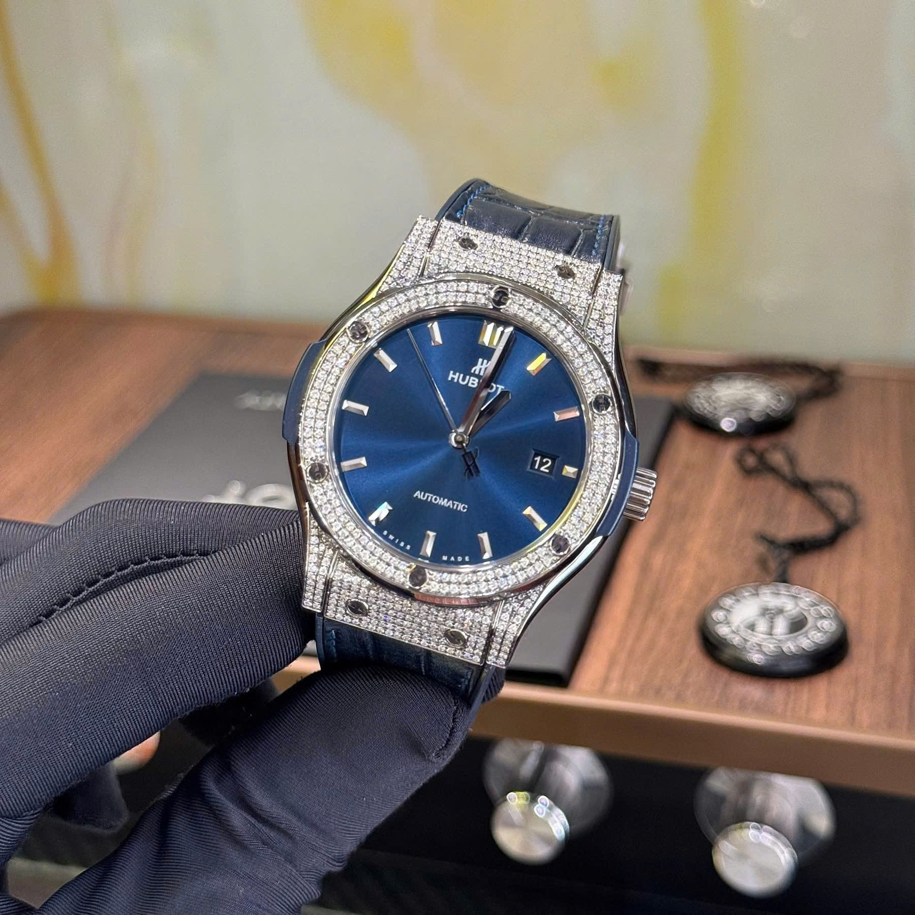 Hublot Classic Fusion Titanium Navy Pave Dây Da Cá Sấu - Ảnh 2